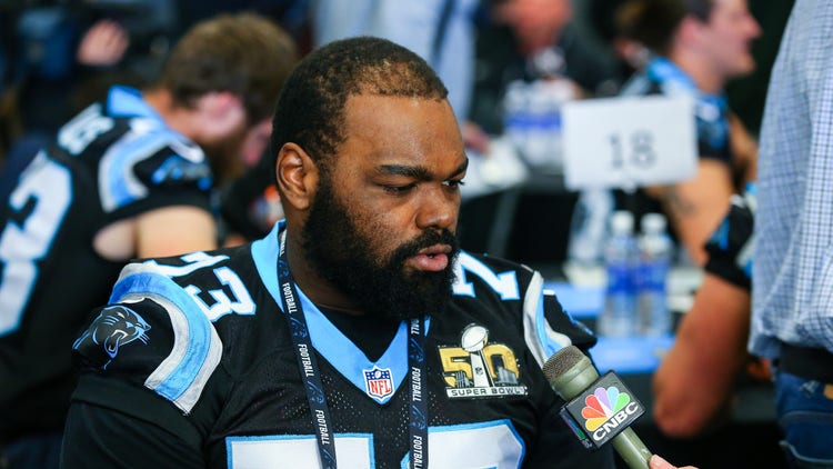 Michael Oher (73) during the Carolina Panthers press conference held at the San Jose Marriott in San Jose California.