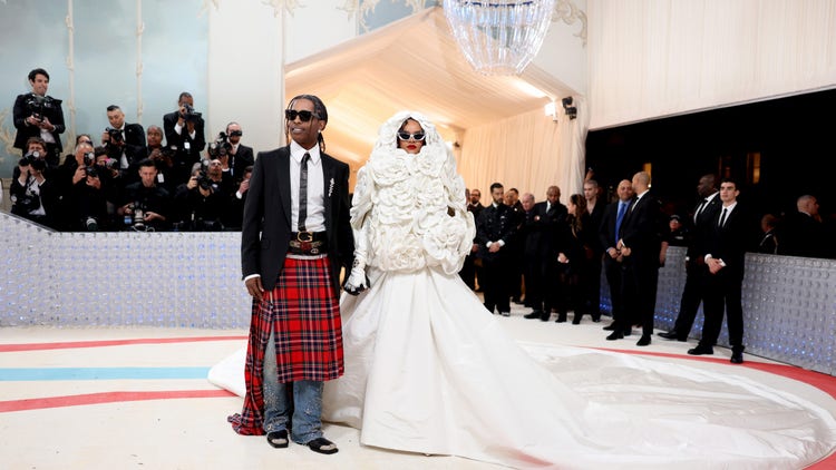 A$AP Rocky and Rihanna attend The 2023 Met Gala Celebrating 'Karl Lagerfeld: A Line Of Beauty' at The Metropolitan Museum of Art on May 01, 2023 in New York City.