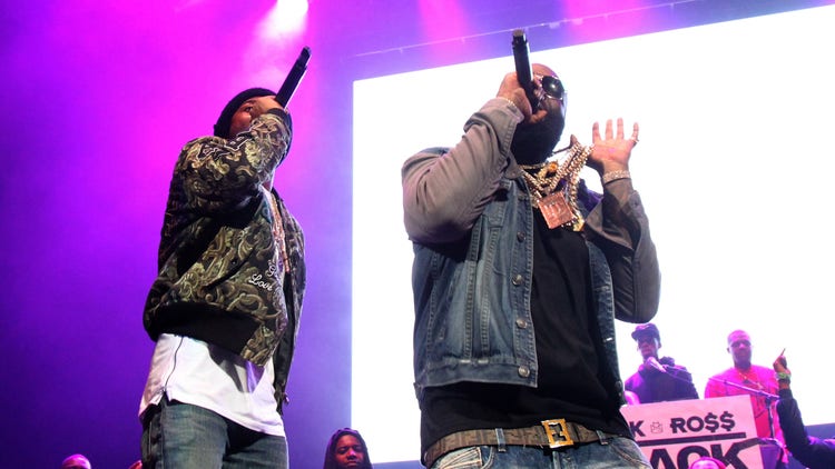 Rappers Meek Mill (L) and Rick Ross perform onstage during 105.1s Powerhouse 2015 at the Barclays Center on October 22, 2015 in Brooklyn, NY.