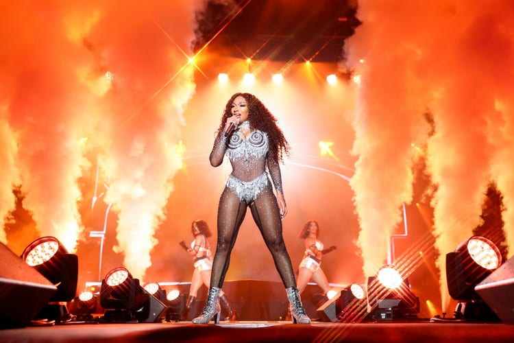 Megan Thee Stallion performs onstage at LA Pride in the Park held at Los Angeles State Historic Park on June 9, 2023 in Los Angeles, California.