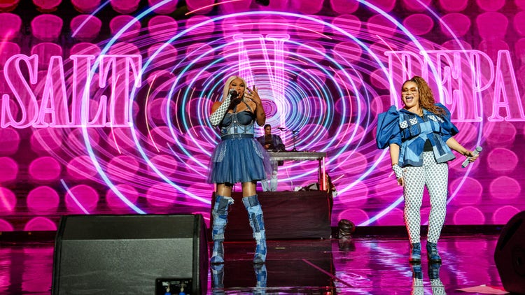 Sandra Denton (L) and Cheryl James of Salt-N-Pepa perform during day 3 of the 2023 ESSENCE Festival Of Culture™ at Caesars Superdome on July 02, 2023 in New Orleans, Louisiana.