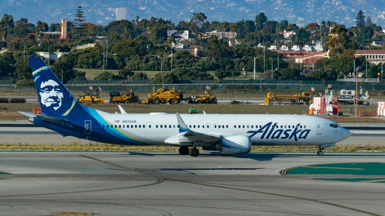 Alaska Airlines Boeing 737-9 prepares for takeoff at Los Angeles International Airport on October 19, 2023 in Los Angeles, California.